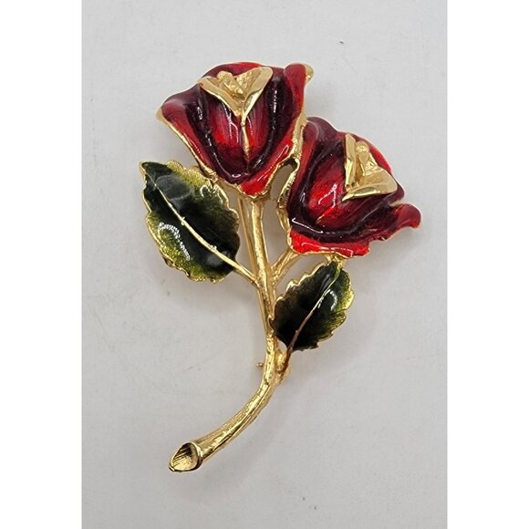VINTAGE Two Long‎ Stem ROSE FLOWER Bouquet Pin Brooch - Picture 1 of 2